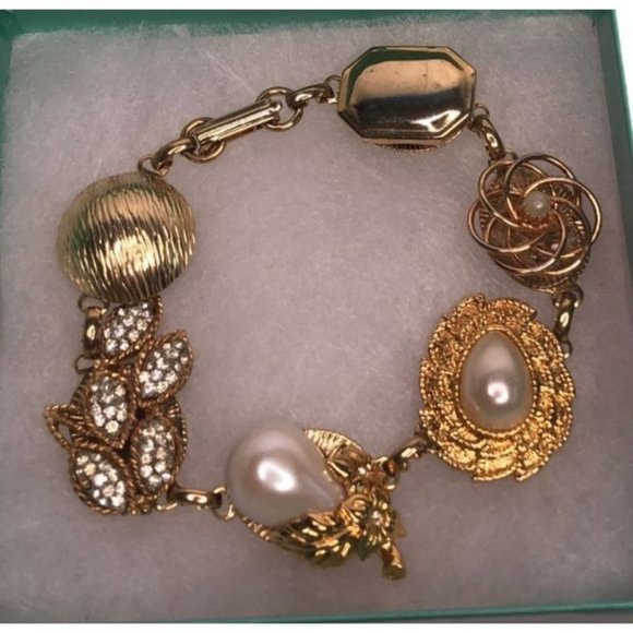 Vintage Earring Bracelet Five Links Gold Tone Pearl Rhinestone - Picture 2 of 5